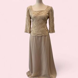 Adrianna Papell Champagne Beaded Lace Top & Satin Maxi Skirt Set Size 10P
